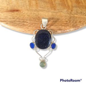 Blue Sunstone Oval Pendant with Sapphire Stone Sterling Silver